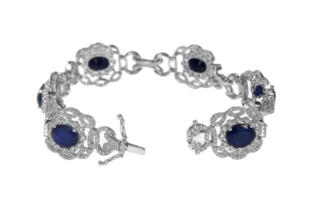 18K White Gold Blue Sapphire Gemstone Bracelet With 5.00 CT Round Diamonds 14.54 CTW - Image 3