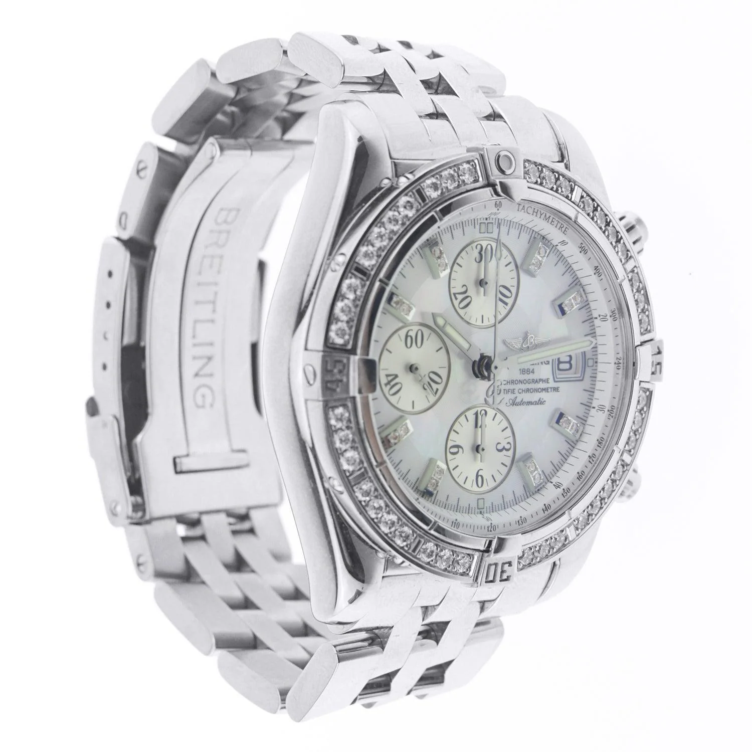 Breitling Chronomat Evolution 44MM A13356 Mother of Pearl Diamond Dial Diamond Bezel Stainless Steel Bracelet - Image 3
