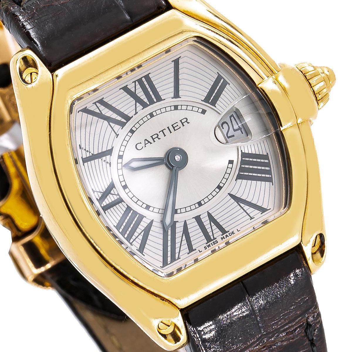 Cartier Roadster 31MM W62018Y5 Silver Roman Dial Yellow Gold Bezel Brown Leather Strap - Image 5