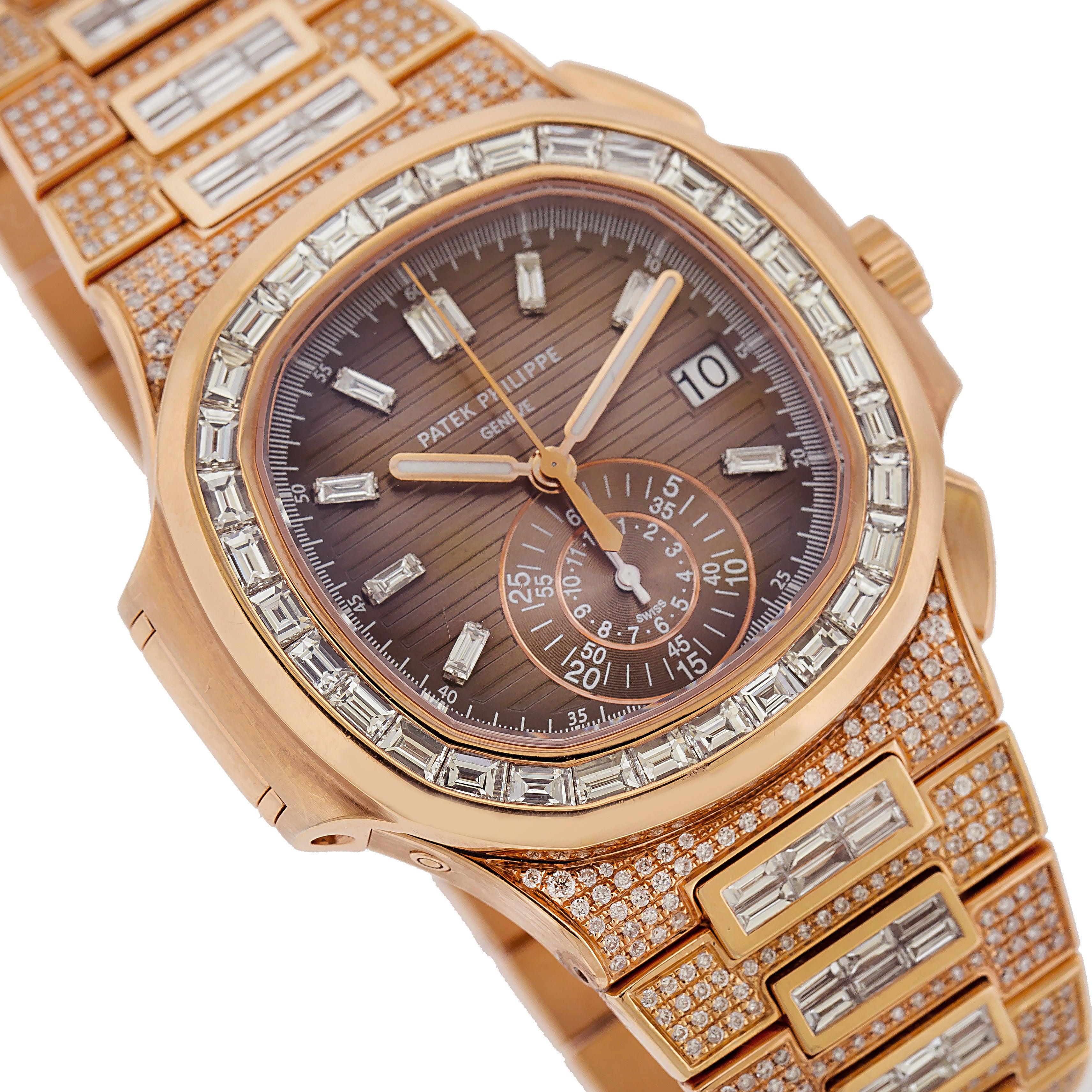 Patek Philippe Nautilus 40.5MM 5980/1R-001 Brown Diamond Dial Baguette Diamond Bezel 18K Rose Gold Full Diamond Bracelet 25ct - Image 4