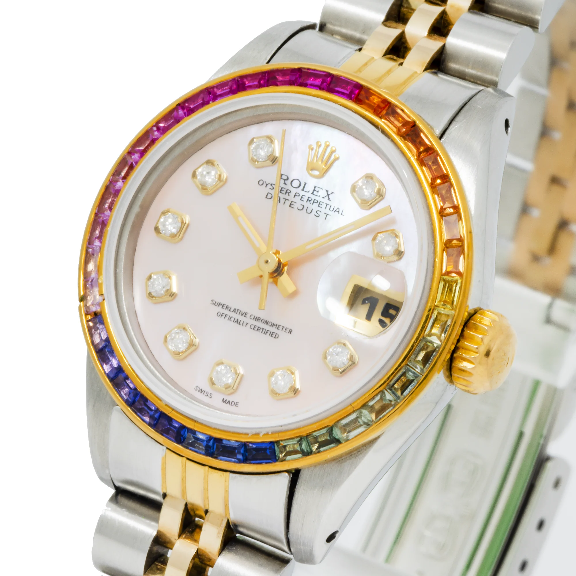 Rolex Datejust 26MM 69173 Pink Mother of Pearl Diamond Dial Rainbow Gemstone Bezel Two Tone Yellow Gold Jubilee Bracelet 0.2ct - Image 3