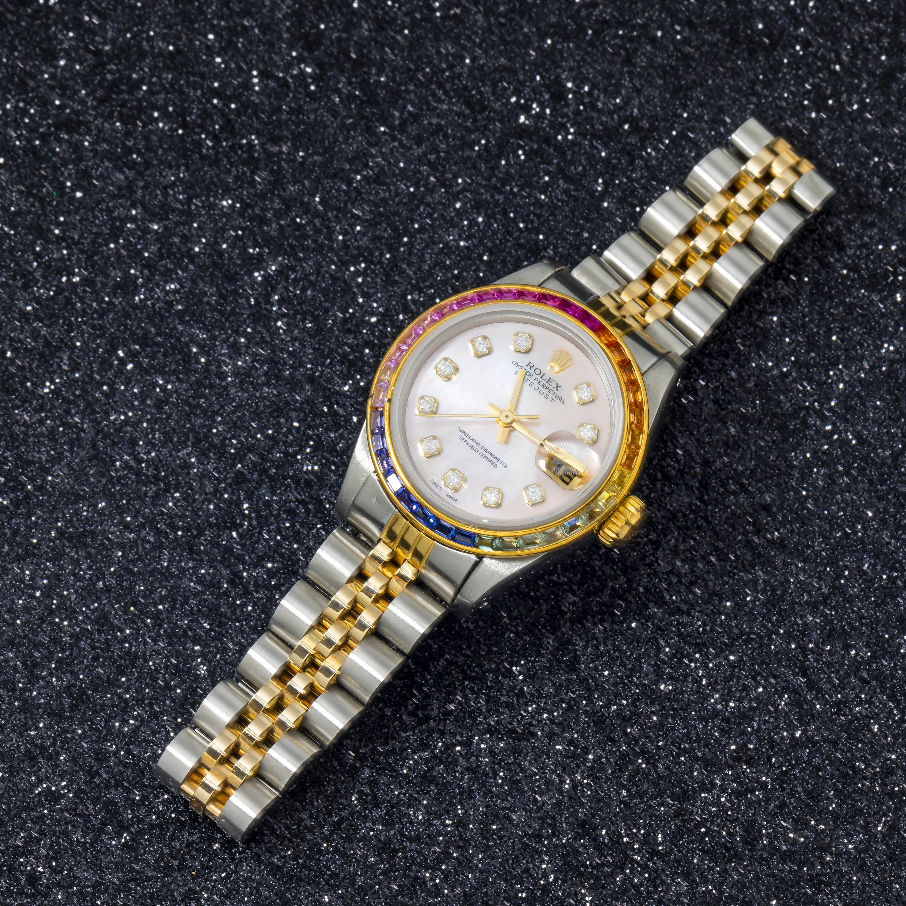 Rolex Datejust 26MM 69173 Pink Mother of Pearl Diamond Dial Rainbow Gemstone Bezel Two Tone Yellow Gold Jubilee Bracelet 0.2ct - Image 4