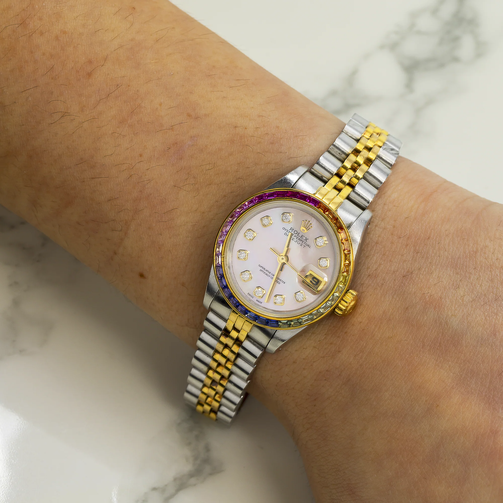 Rolex Datejust 26MM 69173 Pink Mother of Pearl Diamond Dial Rainbow Gemstone Bezel Two Tone Yellow Gold Jubilee Bracelet 0.2ct - Image 6