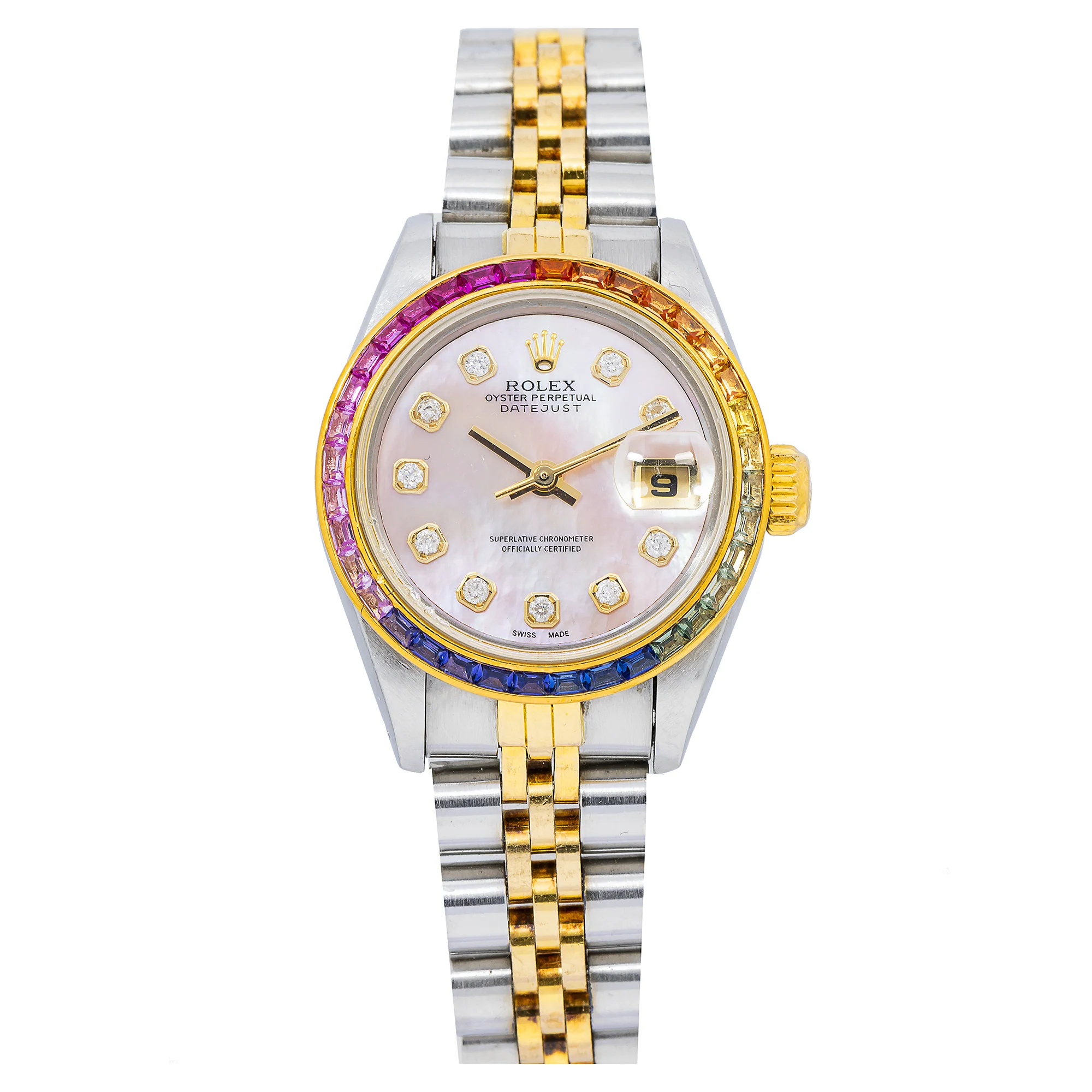 Rolex Datejust 26MM 69173 Pink Mother of Pearl Diamond Dial Rainbow Gemstone Bezel Two Tone Yellow Gold Jubilee Bracelet 0.2ct - Image 8
