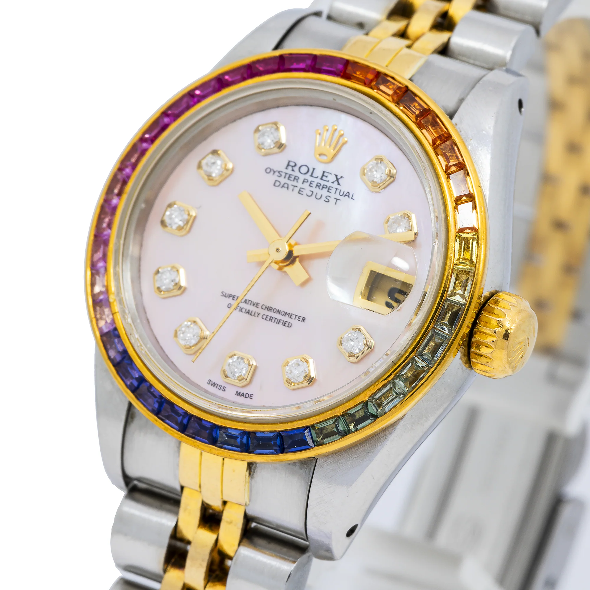 Rolex Datejust 26MM 69173 Pink Mother of Pearl Diamond Dial Rainbow Gemstone Bezel Two Tone Yellow Gold Jubilee Bracelet 0.2ct - Image 9
