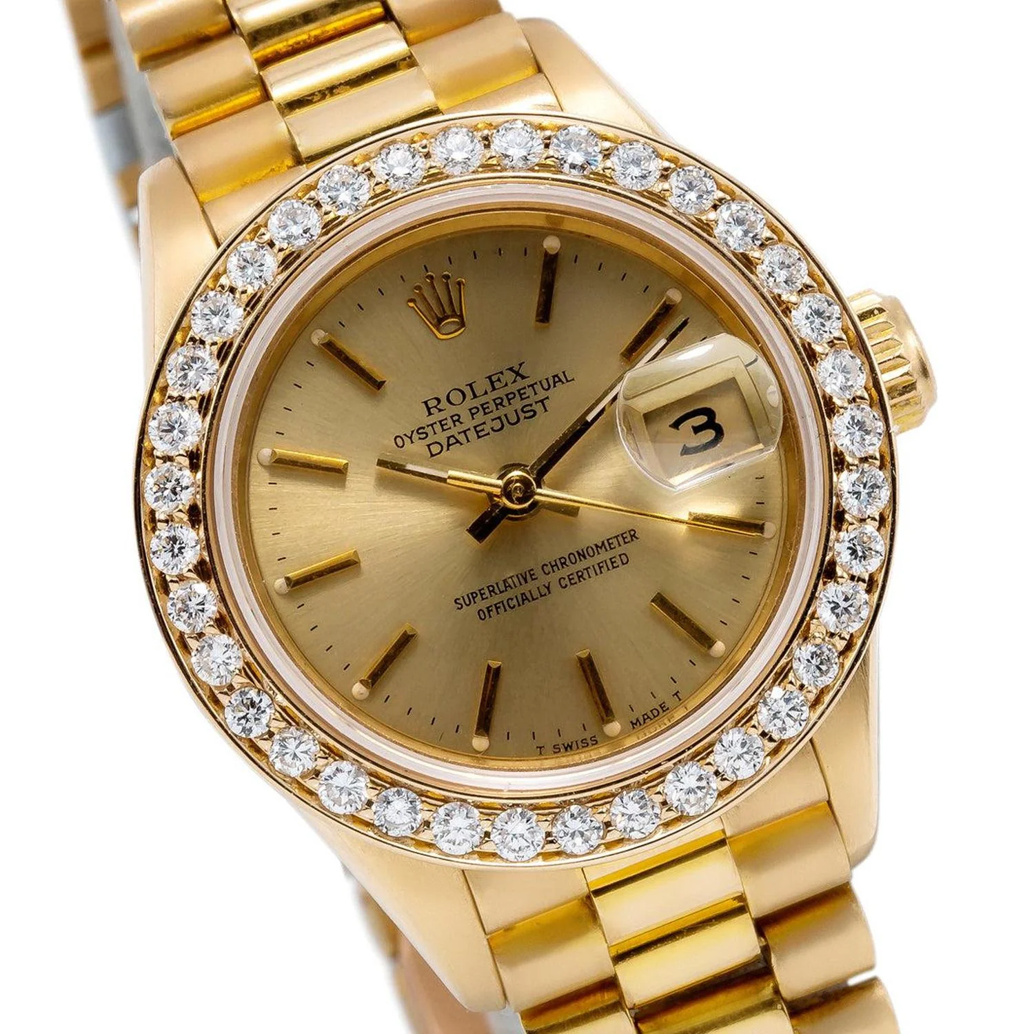 Rolex Datejust 26MM 69178 Champagne Dial Diamond Bezel 18K Yellow Gold President Bracelet 0.8ct - Image 3