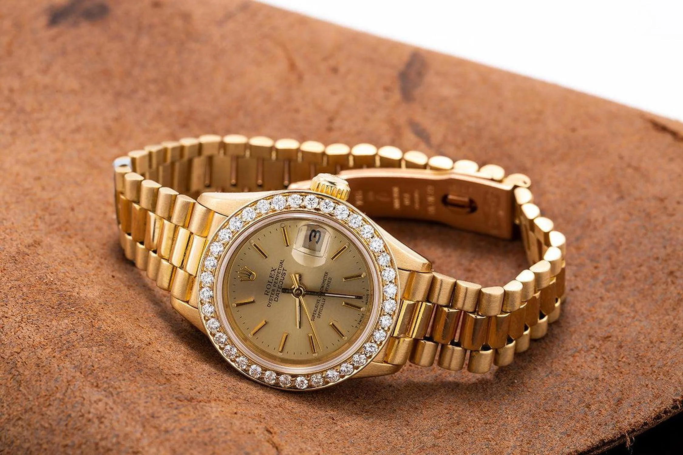Rolex Datejust 26MM 69178 Champagne Dial Diamond Bezel 18K Yellow Gold President Bracelet 0.8ct - Image 6